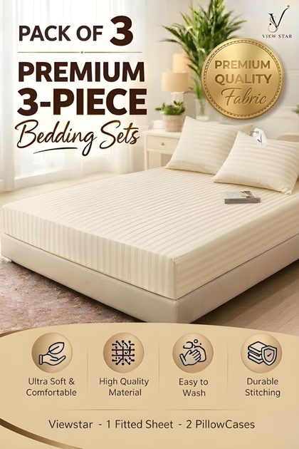 3-Piece Striped Fitted Bed Sheet Set with 2 Pillowcases, Soft Breathable Bedding