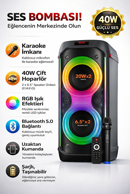 Maybax DUO XL Taşınabilir Mikrofonlu 20x2 W Kablosuz Mikrofon Ses