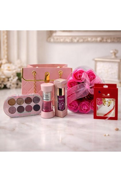 Set cadou Beauty Pink Deluxe, trusa machiaj,pigment sclipitor,luciu buze,trandafiri din sapun,brosa