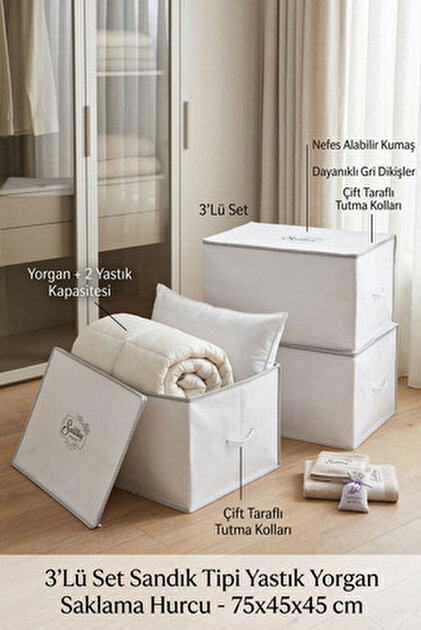 Meleni Home 3'lü Set Mega Boy Yorgan Hurcu - Sandık Tipi Yastık
