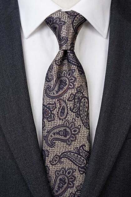 Beige - Brown Shawl Pattern Classic Tie with Handkerchief Kk13301