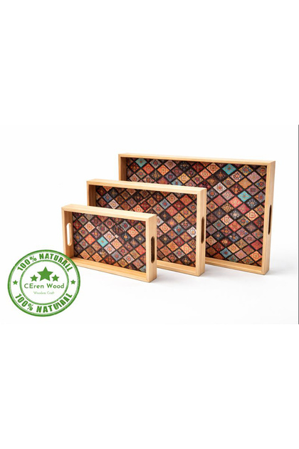 CEren WOODEN 3lü Tepsi Seti Handmade El Yapımı Tahta Ahşap
