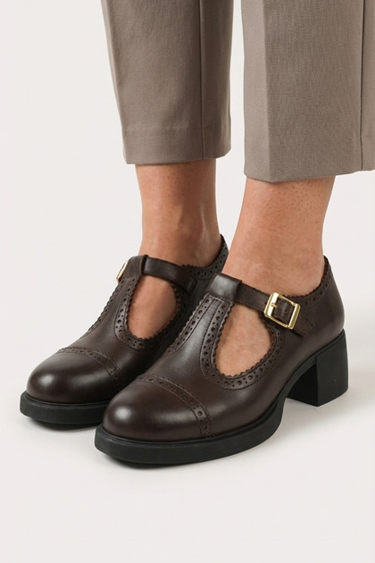 Brown Genuine Leather T-Strap Women's Heeled Shoes Casual Classic Design Strappy Mary Jane Style