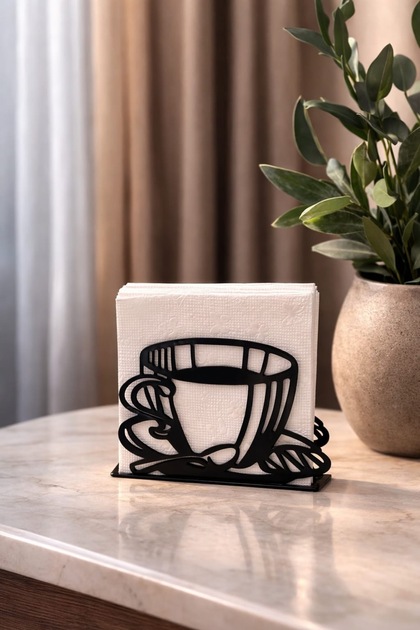 حامل مناديل معدني بتصميم فنجان قهوة مزخرف - حامل مكتبي عصري ☕ 🖤