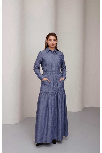 6581-Denim Bel Lastikli Düğmeli Elbise Koyu Mavi