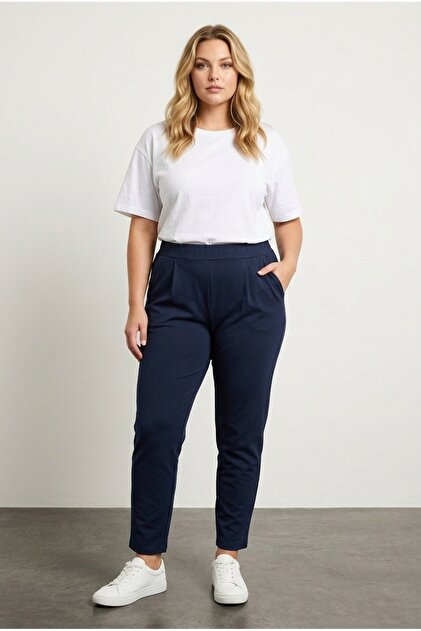 Large Size Pocketed Elastic Waist Stretch Fabric Narrow Leg Viscose Pants 103368
