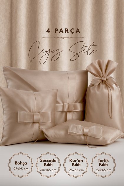 4-Piece Dowry Bundle Set, Ottoman Silk Bundle, Prayer Mat, Quran and Slipper Cover, Milk Coffee Color