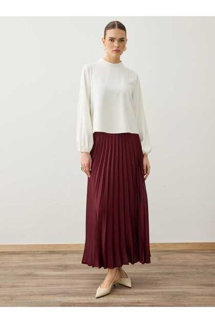 High Waist Pleated Long Skirt - Dark Red -