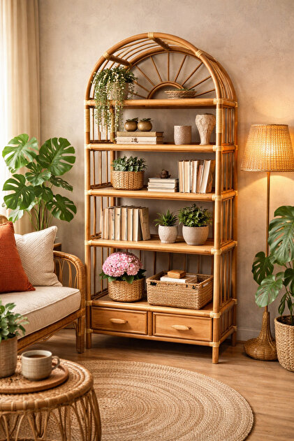 Bambu Rattan El Yapımı Kitaplık /Raf
