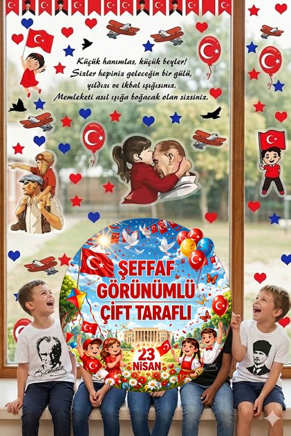 23 Nisan Çocuk Bayramı Çift Taraflı 80 Parça Kaligrafik Cam Kapı Duvar Sticker Seti
