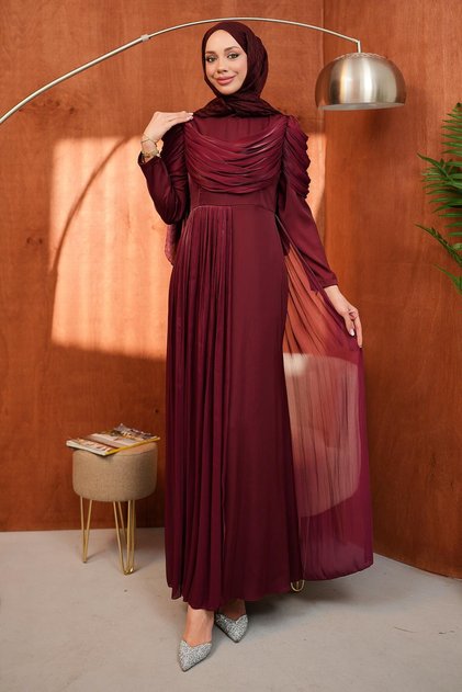 Burgundy Draped Front and Tailored Satin Evening Dress
