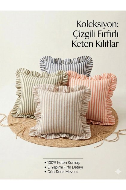 Home 1 Adet %100 Keten Bej Gizli Fermuarlı Fırfırlı Kırlent Kılıfı 43x43 Cm