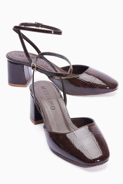 Women's Patent Leather Heeled Shoes Croco Patterned Helmet Helmeted Helina Brown