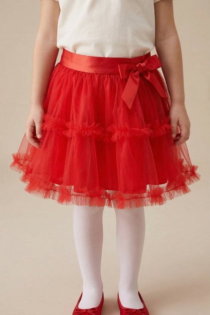 Girl's Red Waist Satin Ribbon Detailed Double Ruffle Tutu Skirt April 23 October 29 Show Skirt