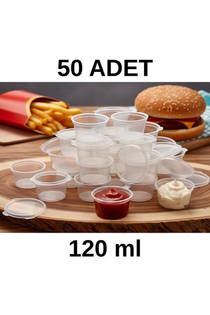 50 Adet Kapaklı 120 ml Kullan At Sosluk - Tek Kullanımlık Sos Kabı - Tavuk & Et Suyu Kabı