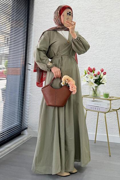 Premium Wrap Tie-Detail Cotton Vual Long Dress - Mold Green