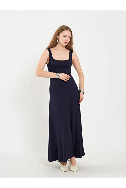 navy blue summer dress casual Navy Blue Square Neck Summer Dress with Short Sleeves