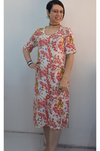 Cream Red Flowered Squirrel Bird Patterned Combed Cotton Viscose Short-Sleeve Combed Cotton Viscose Dress
