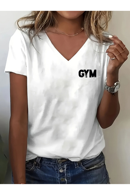 Women's Gym Printed V-Neck Sleeves Regular Fit T-Shirt
