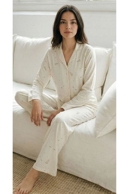 Women's V-Neck Button-Front Patterned Long Pajama Set