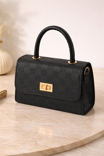 Women's Checkered Patterned Small Handbag & Shoulder Bag - Stylish Lockable Baguette Bag 7002