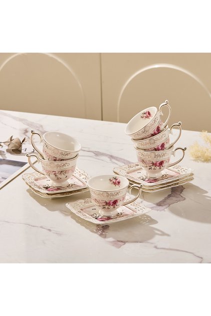 Set 6 cești espresso cu 6 farfurioare porțelan 90 ml – cești cafea model floral elegant