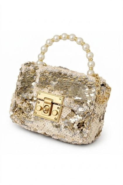 İncili Tutma S Strappy Cream & Gold Sequin Z Chain Strap I Mini Girls' Festive Daily Stylish Shoulder Bag Bag I