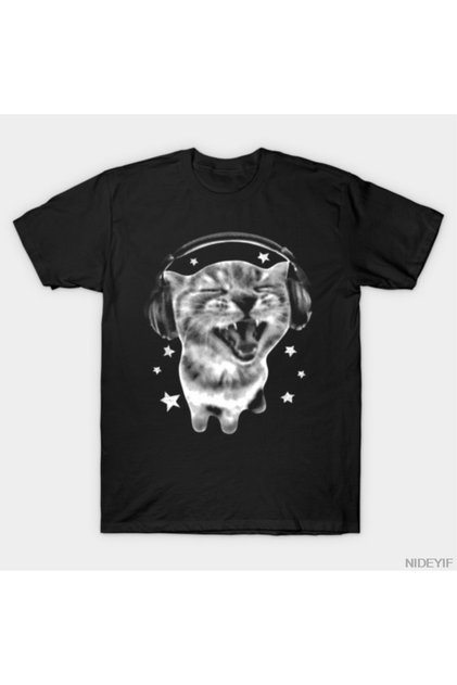 Headphones Cat Funny Y2K Grunge Dumb Graphic Meme T-Shirt for Men Women 100% Pam
