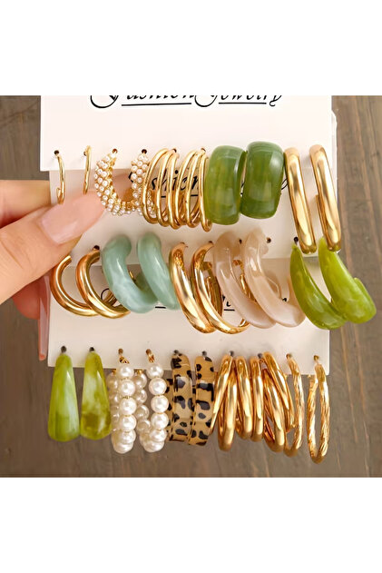 Symphony 15 Pairs of Leopard Green Color Gold Framed Design Vintage Multi Gold Earrings Set