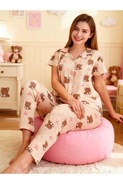 Cream Brown Teddy Bear Pattern Shirt Collar Button Milan Fabric Spring Women's Pajama Set