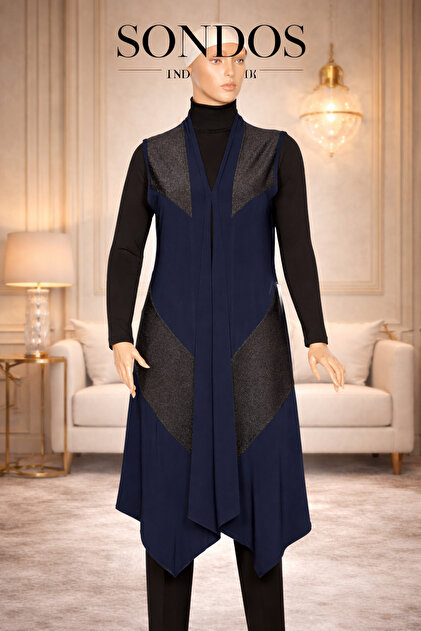 Women's Sevda Large Size Verev Glittery Asymmetrical Vest