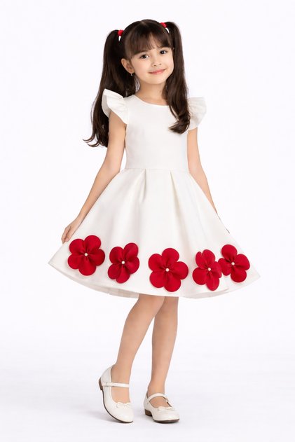 23 April Red Children's Dress 🇹 🇷 Ayasofya Special Design Girl's Dress - with Floral Appliques