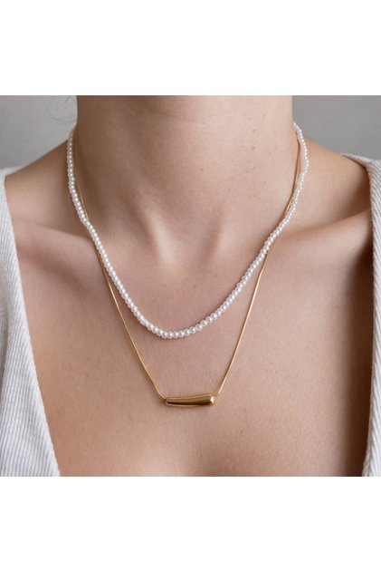 Minimal İnci B Beaded Italian Snake Chain 2-Piece Steel Gold Necklace