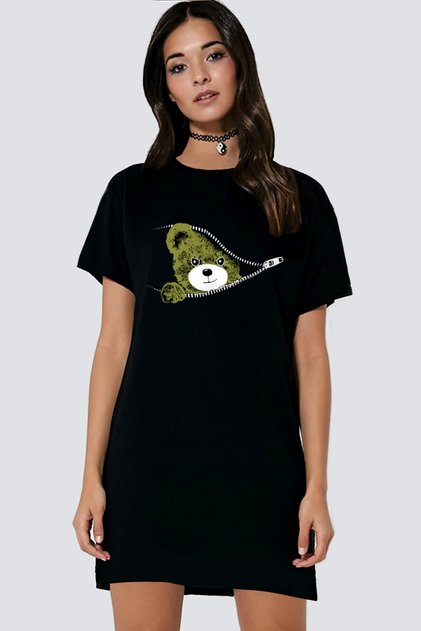 Zippered Teddy Black Short Sleeve Combed Cotton Women's T-Shirt Dress