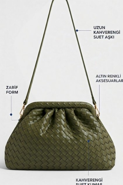 The Moiss Khaki Green Scholarship Suede Fabric Knit Textured Medium Size Women's Hand Knit and Shoulder Bag