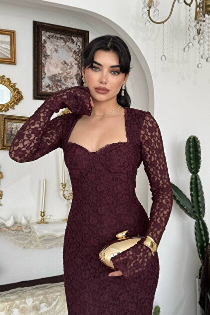 Gloplu (Destekli) Astarlı Maxi Uzun Boy Premium Mürdüm Dantel Elbise