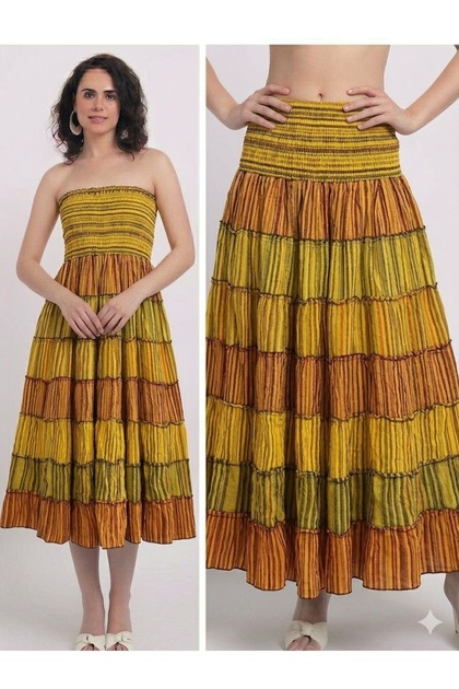 Women's Indian Vintage Detailed Bohemian 100% Cotton Layer Long Skirt That Can Be Used as Strapless Dresses