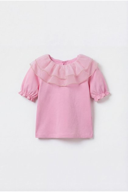 Girl's Cotton Pack Pink Flywheel Collar Blouse - Gold Striped Detail