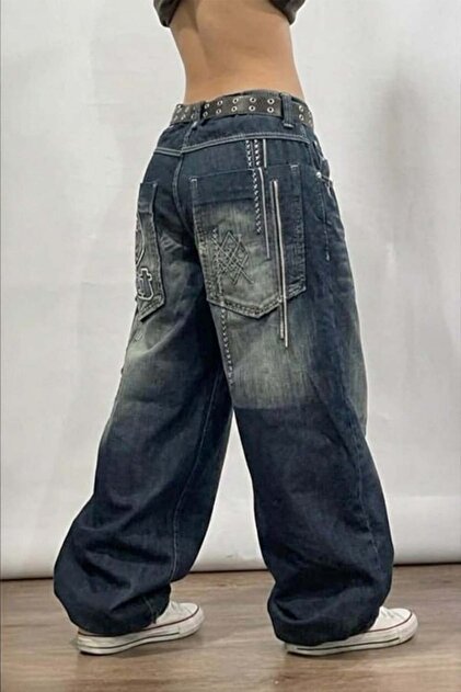 None Wear Lacivert D2T Vintage Yıkamalı Baggy Y2K Pantolon