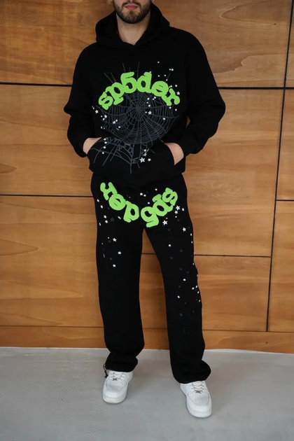 Base Steps Men's Hooded Tracksuit Set with Spider Web and Neon Green Print Kangaroo Pockets - Black