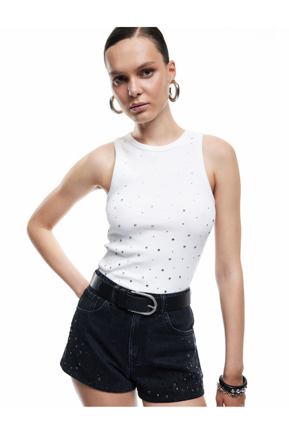 Cotton Slim Fit Crew Neck Tank Top with Stones