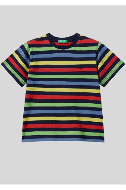 Logo Nakışlı Çok Renkli Çizgili Çocuk T-Shirt