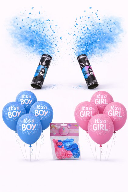 Gender Reveal Party Set – 2 Blue Confetti Balloons and 10 It's a Boy / It's a Girl Balloons