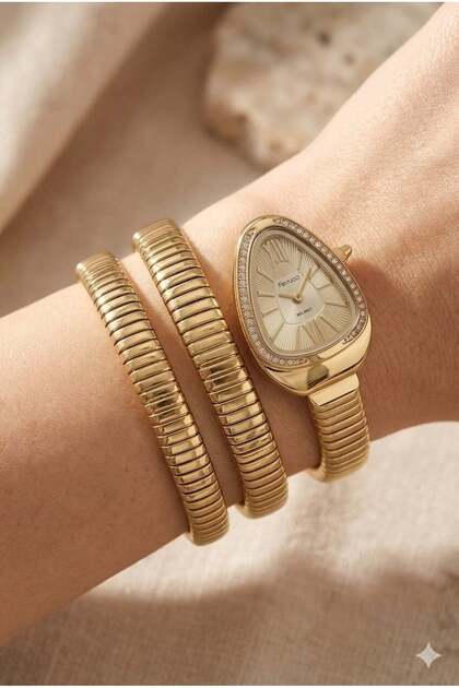 Gold Drop Case Women's Wristwatch | 33mm Steel Case, Gold Metal Band, Gold Dial