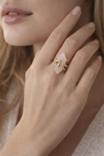 Honey Quartz Pink Natural Stone Bee Figured Gold Color Women's Ring