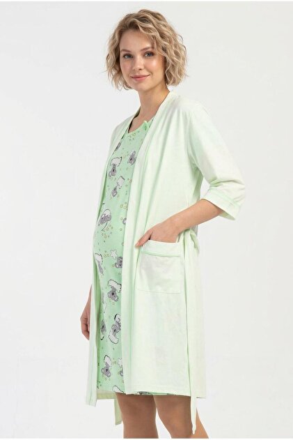cotonhause Mint Green Patterned Maternity Nightgown and Dressing Gown Set  C3T6N3O504- Trendyol