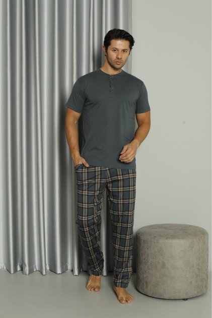 Men's 100% Natural Cotton Plaid Piece Short Sleeve Buttoned High Quality Pajama Set
