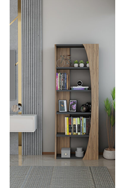 Kavisli İskandinav 150 cm 6 Raflı Kitaplık Salon Rafı | Ofis Dolabı Modern Raf Organizer