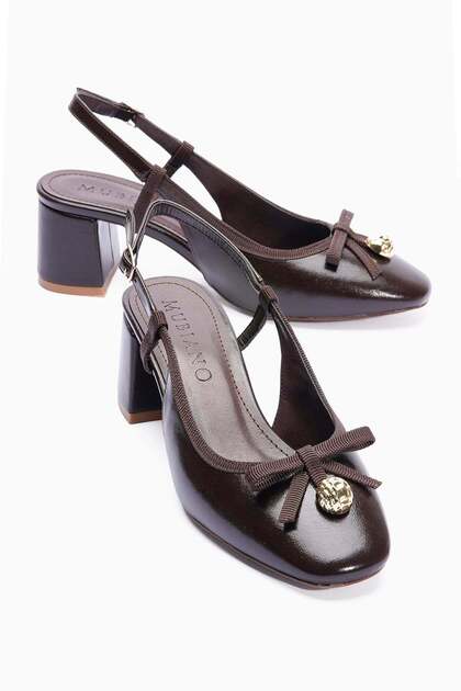 Women's Heeled Shoes Bowknot Gold Detailed Open Back Olina Brown