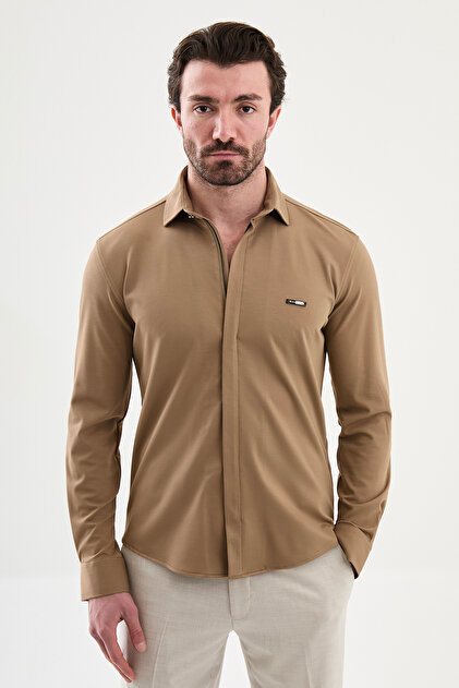 Düz Slim Fit Fermuarlı Uzun Kollu Erkek Gömlek Kamel - 27141.26Y